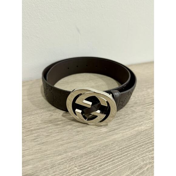 Gucci Interlocking Silver GG Buckle Embossed Leather Hip Belt Brown 80 cm / 32'' - Picture 2 of 7